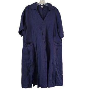 Grae Cove Linen Navy‎ Collared V-Neck Shirt Dress  Size XL Lagenlook